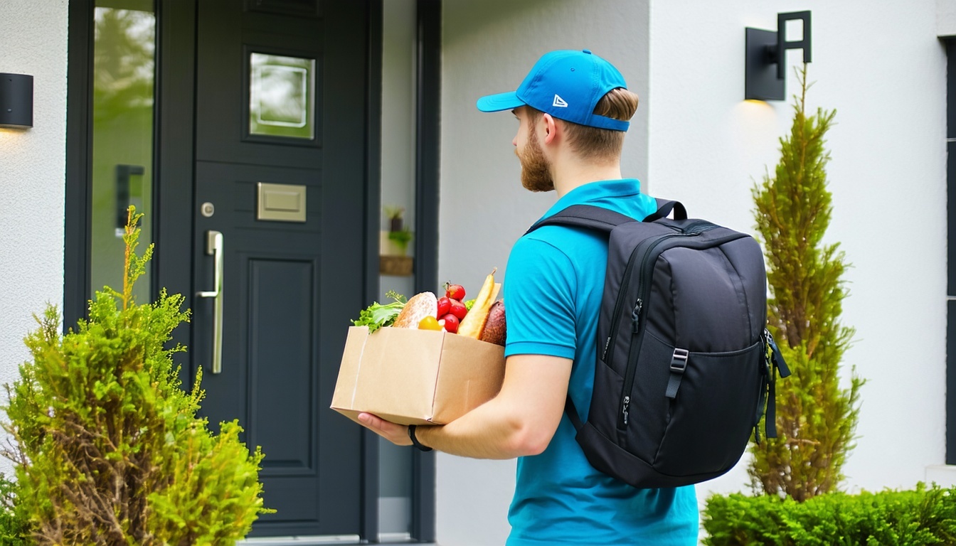 A delivery person leaving a food package at the do