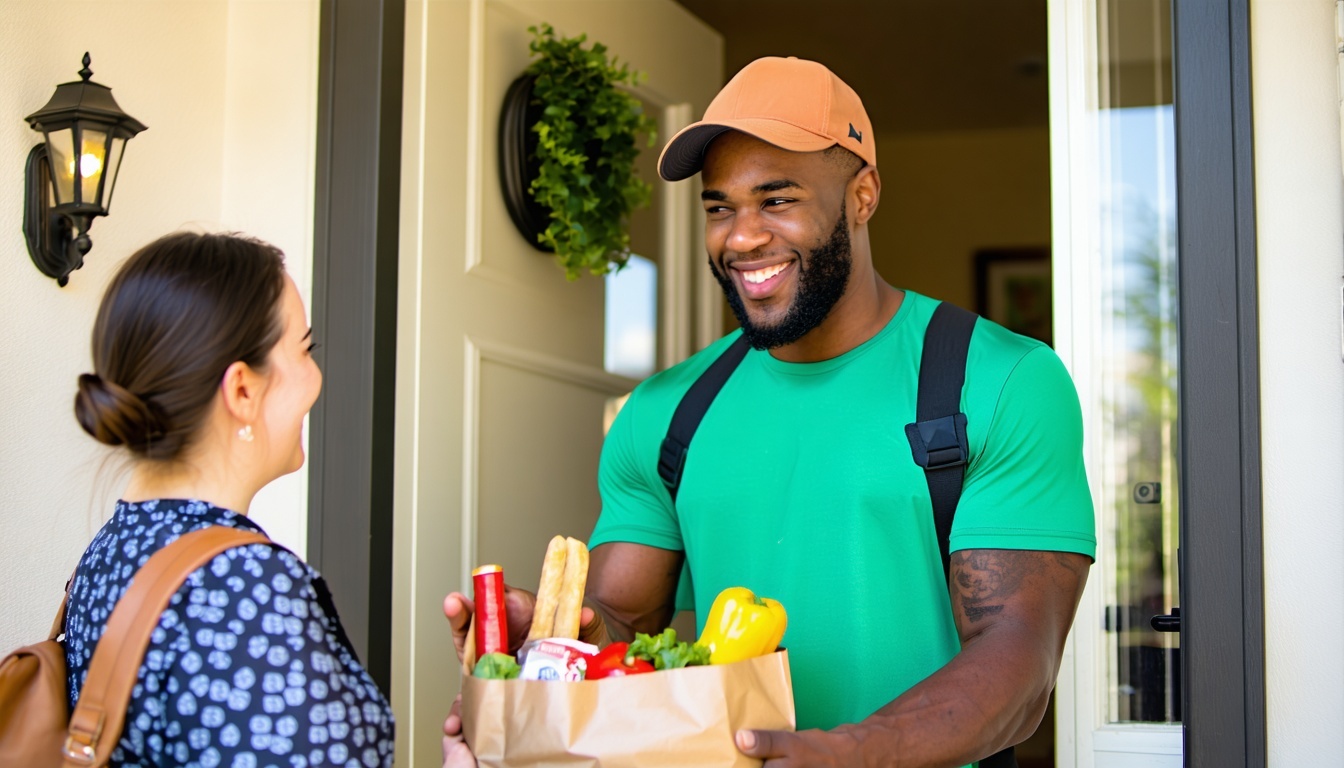 A vibrant image of a delivery person handing over